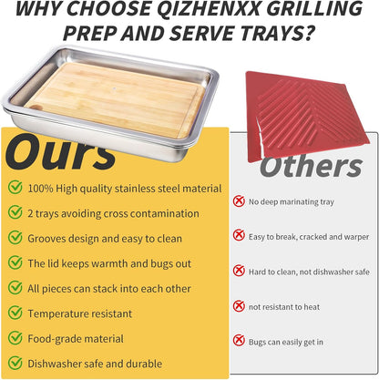 Grilling Prep and Serve Trays, Stainless Steel Large Capacity Food Prep Tray, Grill Carry System, Marinade Container with Lid and Cutting Board, BBQ Grill Accessories, Grilling Gifts for Men