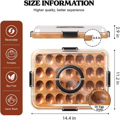 Renmxj Deviled Egg Containers with Lid, 28 Holes Reversible Acacia Wooden Deviled Egg Platter, Lid Dishwasher Safe Egg Tray, Ideal Gift for Women Kitchen & Party (Black)