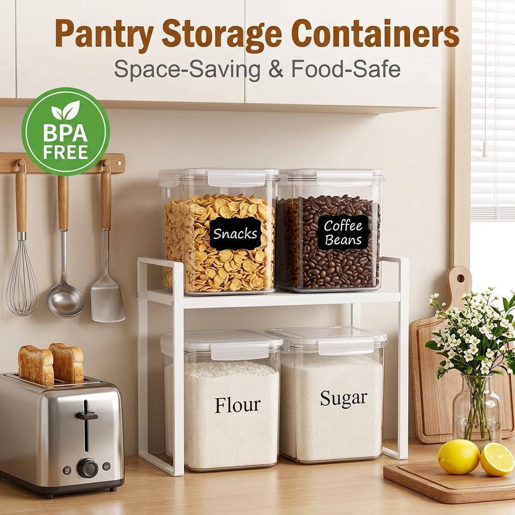 Set of 2 Large Food Storage Jars 4L - Airtight Containers with Lids, White with Free Spoon - Kitchen Canisters for Sugar,Flour,Coffee,Pantry Organization-S