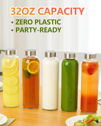 Zukro Glass Juice Bottles with Lids for Juicing 18 oz, Reusable Clear Glass Water Bottles with Stainless Steel Airtight Cap for Refrigerator, 100% Leak Proof Drinking Jar, BPA Free, Set of 6
