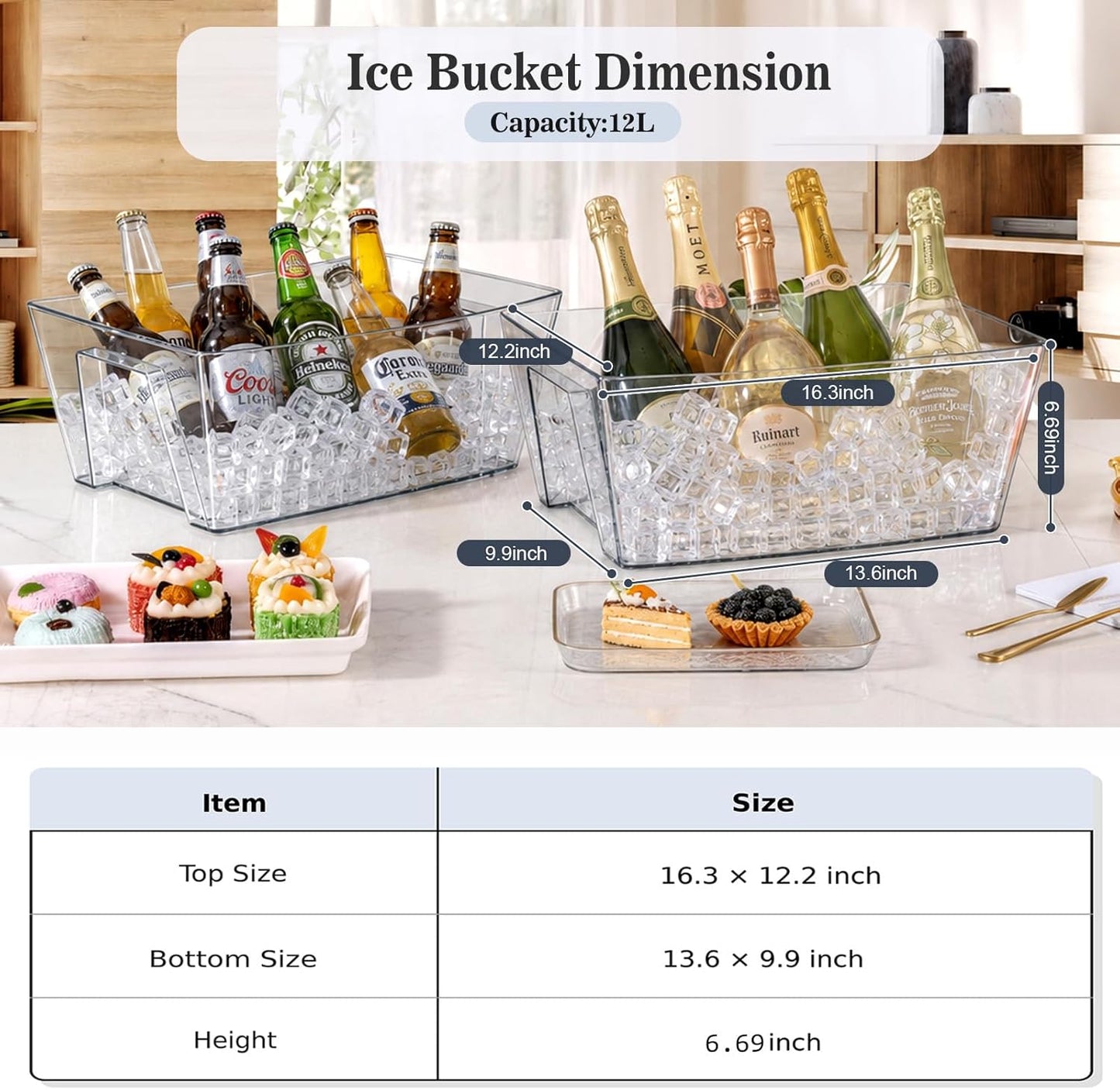 Tchrules 12L Clear Ice Bucket for Parties, 2 Pack (16.3x12.2x6.69 inch) | Large Portable Drink Bucket ,Champagne Cooler for Beverage/Wine/Beer, Mimosa Bar Supplies, Party & Bar Beverage Tub