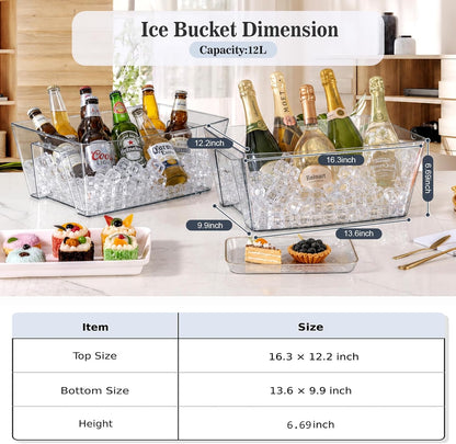 Tchrules 12L Clear Ice Bucket for Parties, 2 Pack (16.3x12.2x6.69 inch) | Large Portable Drink Bucket ,Champagne Cooler for Beverage/Wine/Beer, Mimosa Bar Supplies, Party & Bar Beverage Tub