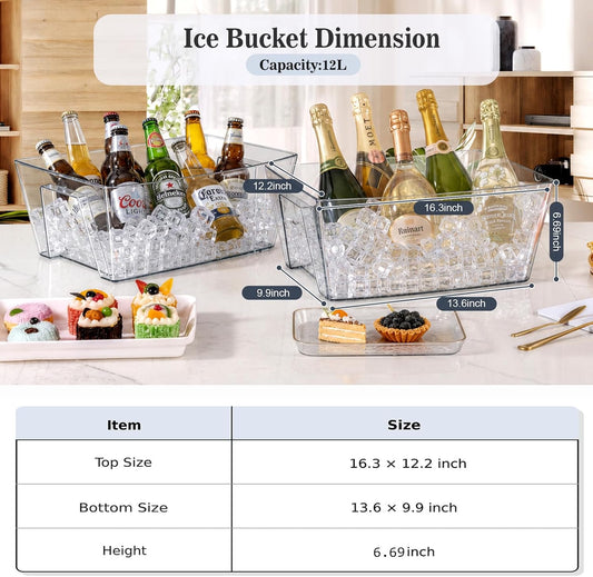 Tchrules 12L Clear Ice Bucket for Parties, 2 Pack (16.3x12.2x6.69 inch) | Large Portable Drink Bucket ,Champagne Cooler for Beverage/Wine/Beer, Mimosa Bar Supplies, Party & Bar Beverage Tub