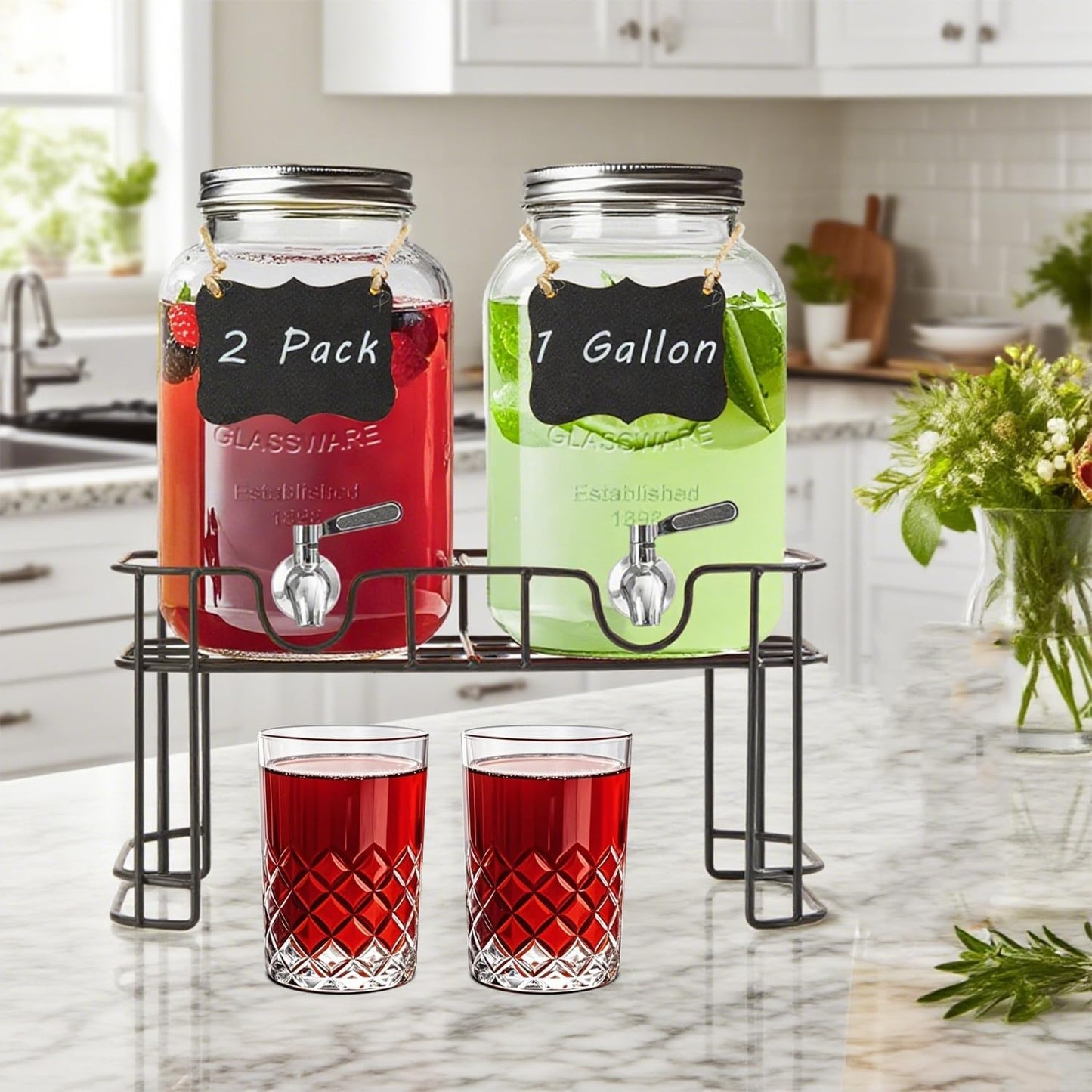 1 Gallon Glass Drink Dispensers for Parties,2 Pack Beverage Dispenser with Stand and Stainless Steel Spigot,Glass Water Lemonade Dispenser with Ice Cylinder for Party Drink,Iced Tea,Kombucha
