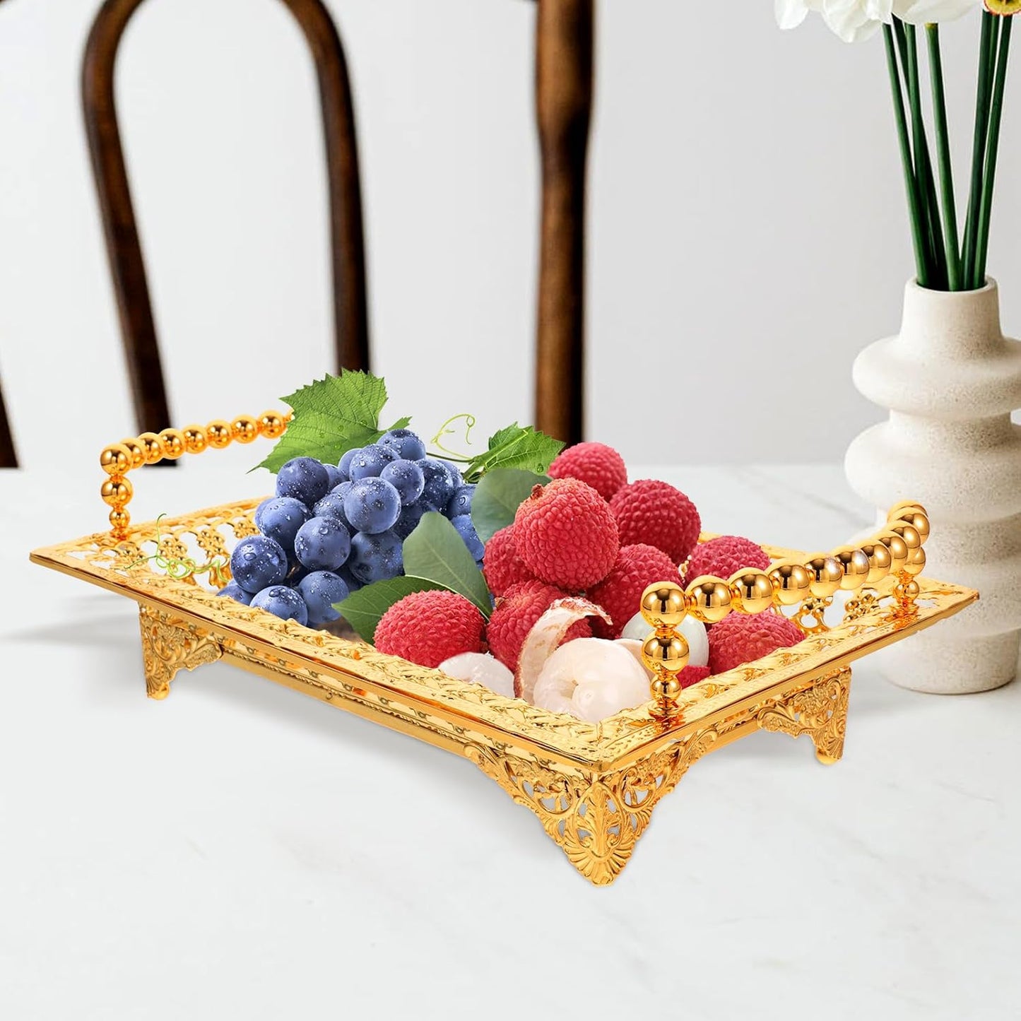 COLLBATH Nordic Style Fruit Plate with Handle 2Pc Metal Snack Serving Tray for Dried Fruits and Appetizers Elegant Gold Platter for Kitchen and Entertaining