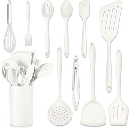 HaWare 11 PCS Silicone Cooking Utensils Set, Heat Resistant Kitchen Utensils with Holder, Food-grade Spatula Sets for Nonstick Cookware, Kitchen Tools Gadgets Include Fish Turner, Spoon (Black)