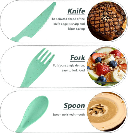 24 Sets Reusable Travel Utensils Set with Case, Wheat Straw Portable Knife Fork Spoons Cutlery, Eco-Friendly BPA Free Plastic Tableware for Kids Adults Travel Picnic Camping Utensils (8 Colors)