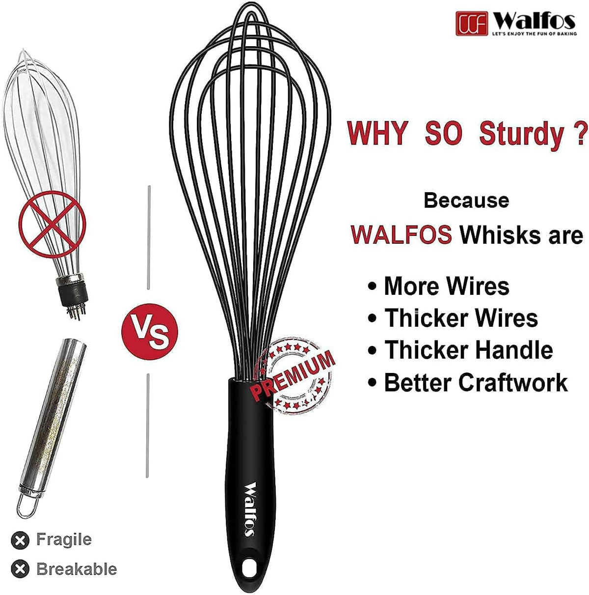 Walfos Silicone Whisk,Stainless Steel Wire Whisk -Heat Resistant 480°F Kitchen Whisks for Non-stick Cookware,Balloon Egg Beater Perfect for Blending,Whisking,Beating,Frothing & Stirring,Black
