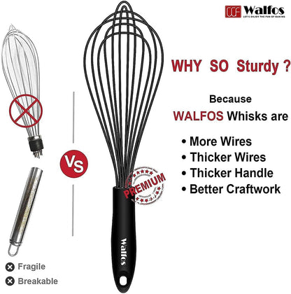 Walfos Silicone Whisk,Stainless Steel Wire Whisk -Heat Resistant 480°F Kitchen Whisks for Non-stick Cookware,Balloon Egg Beater Perfect for Blending,Whisking,Beating,Frothing & Stirring,Black