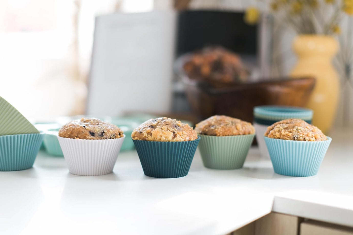 The Silicone Kitchen Reusable Mini Silicone Baking Cup, Non-Toxic, BPA Free, Dishwasher Safe, Mini, 24 Pack, White Blue Green