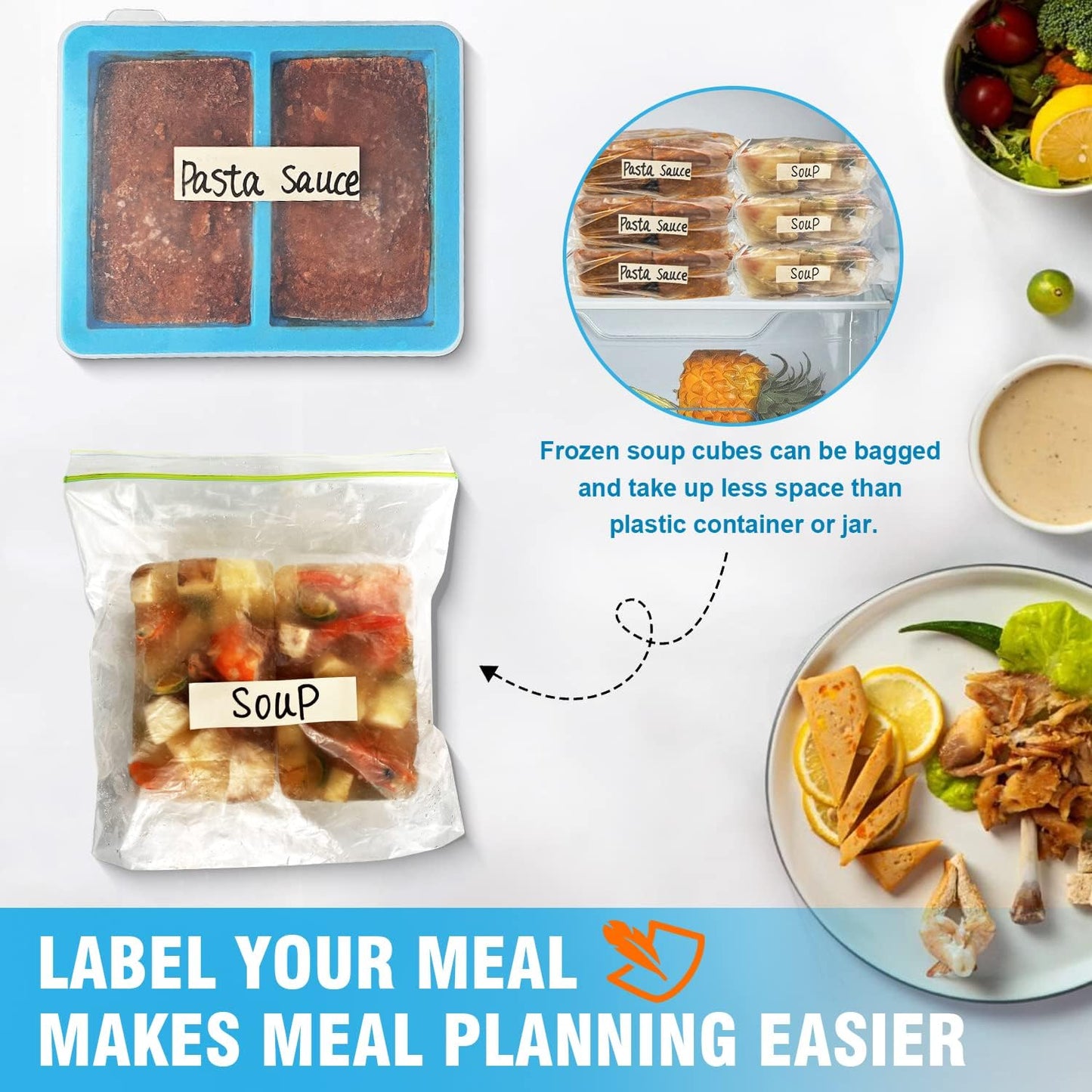 Walfos Silicone Freezer Tray with Lid - 1.5Cup Silicone Food Freezer Tray - Soup, Sauce, leftovers, Homemade Meal Prep Freezing Kitchen Storage Containers - 4pcs-blue
