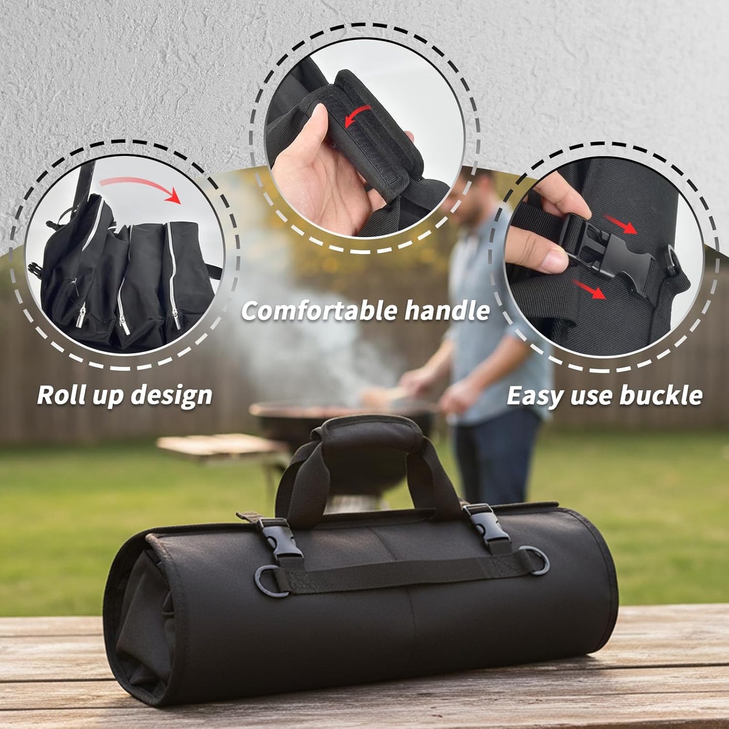Grill Tool Accessory Storage Bag Roll Up, BBQ Tools Carry Orangizer Case for Grilling Utensil, Large Oxford Cloth Griddle Classifiable Holder for Outdoor Camping Barbecue Hiking Picnic Trip(Box Only)