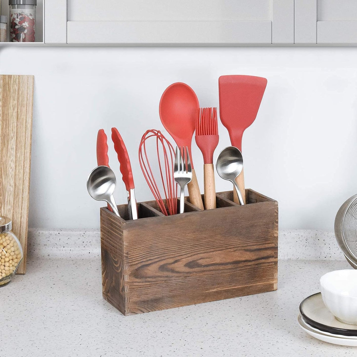 WuGeShop Wood Cutlery Caddy, Kitchen Utensil Organizer with 4 Compartments, Silverware Storage Kitchen Countertop Flatware Organizer