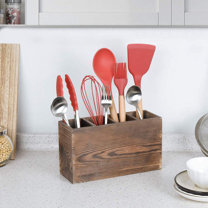 WuGeShop Wood Cutlery Caddy, Kitchen Utensil Organizer with 4 Compartments, Silverware Storage Kitchen Countertop Flatware Organizer