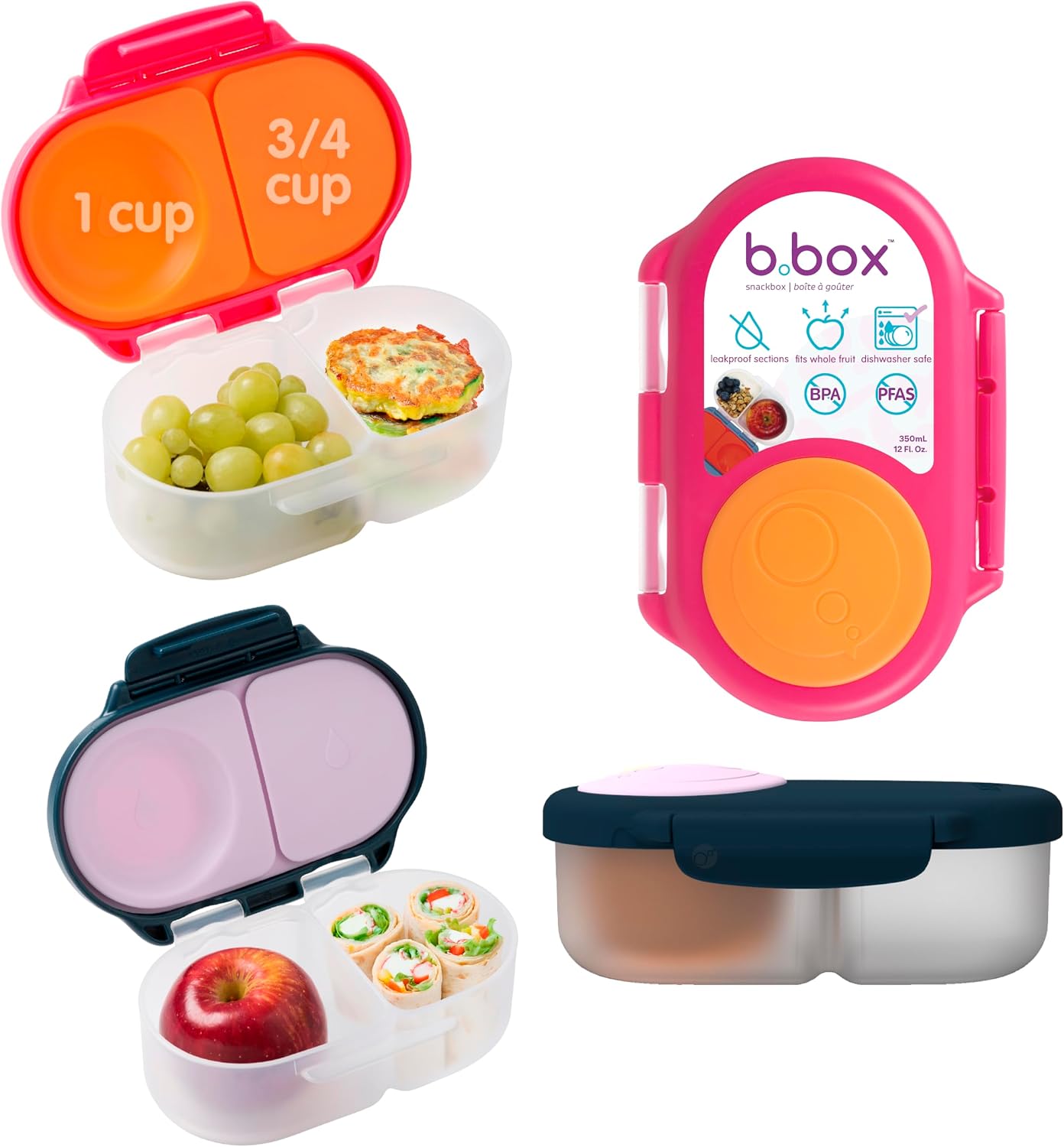 b.box Snack Box 2-Pack - Leak Proof Mini Bento Box for Kids & Toddlers, 2 Compartment Snack Containers for Kids, Dishwasher Safe, BPA-Free, PFAS-Free, Ages 4mo+, 1 3/4 Cup Each (Strawberry + Lilac)
