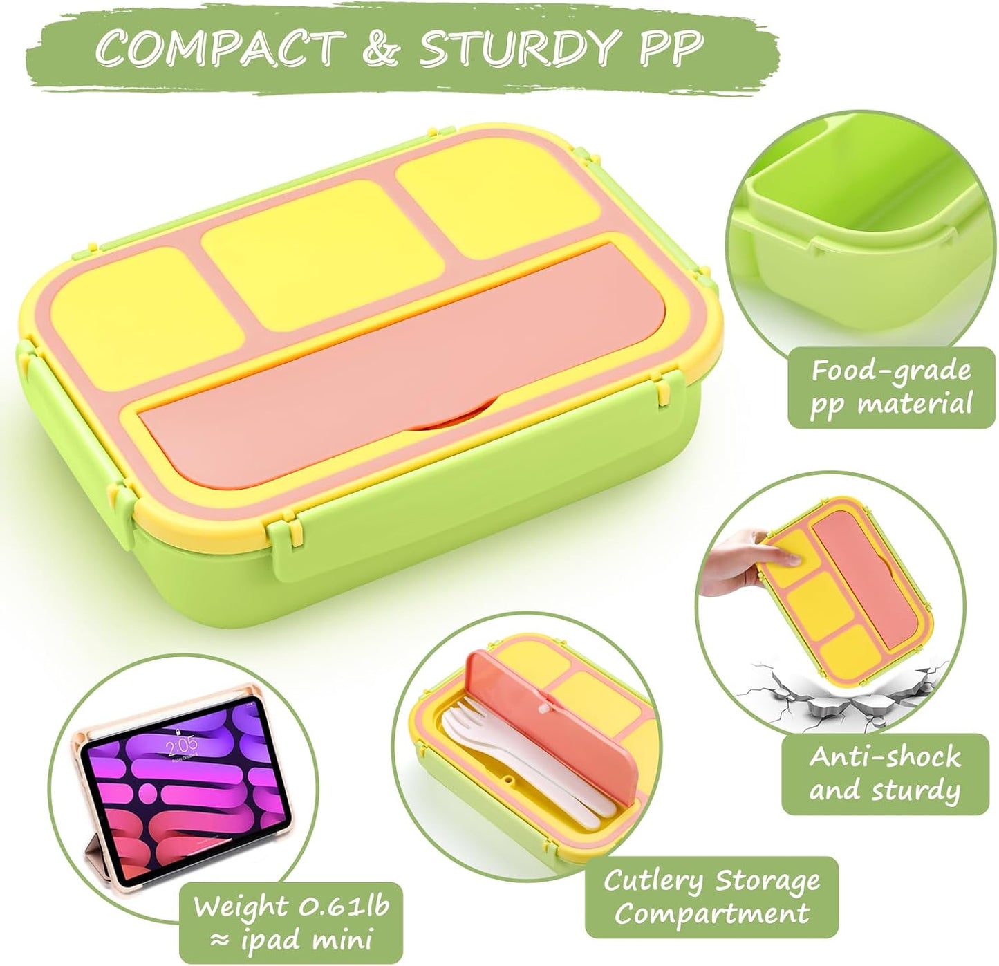 QQKO Bento Lunch Box for Kids Girls Boys, Toddler Kids Lunch Boxes for School, Lunch Containers for Adults with 4 Compartments, Sauce Container, Utensils, Food Picks and Muffin Cups, Purple