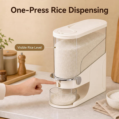 Rice Dispenser 11 Lb, Slim Rice Storage Container with Double Sealing Strip, Press to Dispense Cereal Container Airtight for Kitchen Pantry Organization, (Ivory White-11lb)