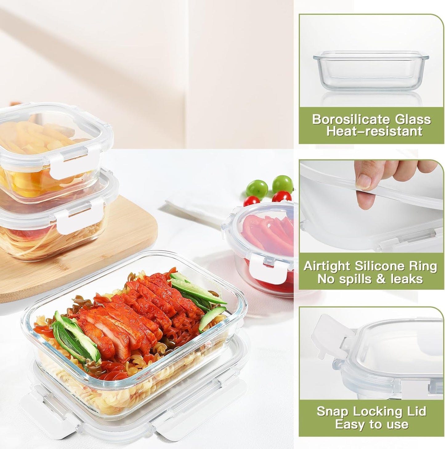 BAYZZ 30 Piece Glass Food Storage Containers Set, Glass Meal Prep Containers with Lids, Airtight Lunch Box, BPA-Free, Microwave, Freezer & Dishwasher Safe