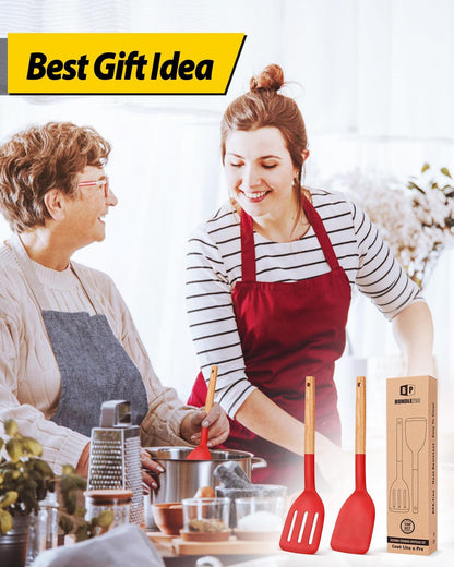 Pack of 2 Silicone Cooking Spatula, Heat Resistant Solid Turner, Non Stick Slotted Spatulas with Wooden Short Handle,Ideal Wood Kitchen Utensils Set for Frying, Baking, Flipping, Turning