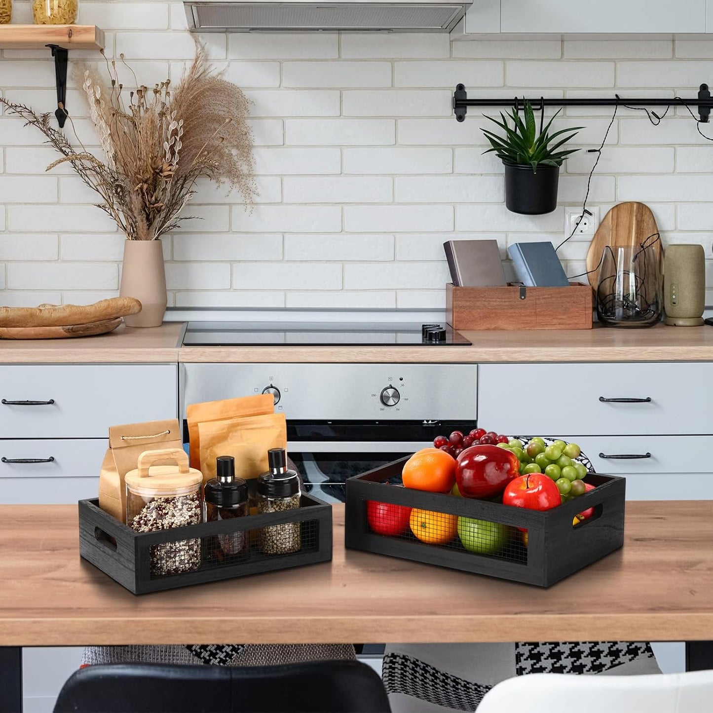 FillTouch 4 Pcs Wooden Nesting Countertop Baskets 4 Size Wooden Storage Box with Handle and Metal Wire Multipurpose Wood Organizer Crate for Fruit Vegetable Kitchen Cabinet Bathroom(Dark Brown,Small)