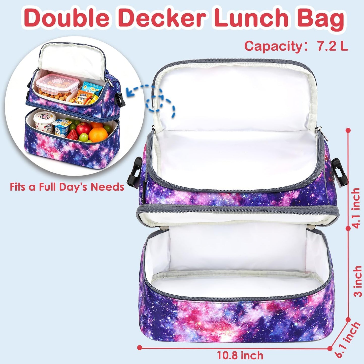 FlowFly Kids Double Decker Cooler Insulated Lunch Bag Large Tote for Boys, Girls, Men, Women, With Adjustable Strap, Unicorn