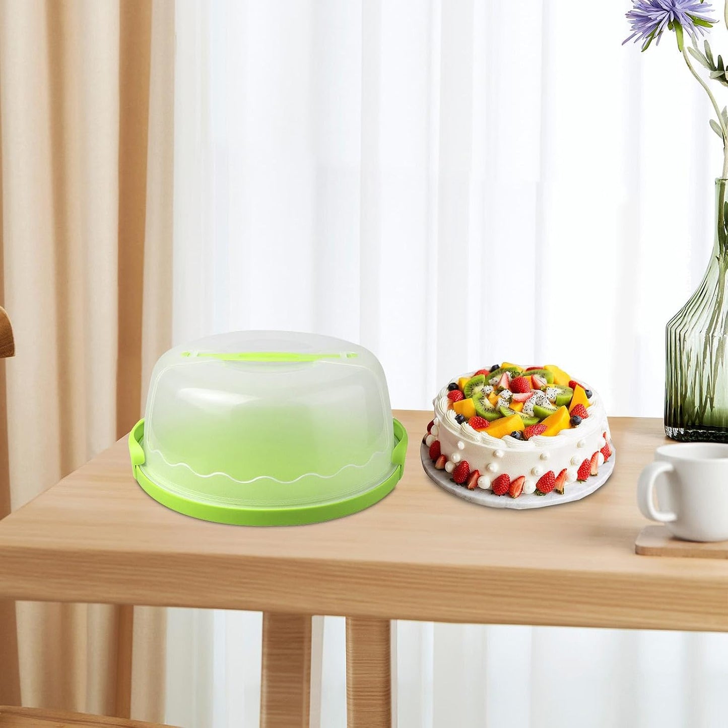 MagiDeal Cake Carrier,Cake Keeper Stand,Fits 10 inch Cake,Holds Pies,Round Cupcake Storage,with Lid and Handle,Cake Storage Container, green, 28.7cmx13cm