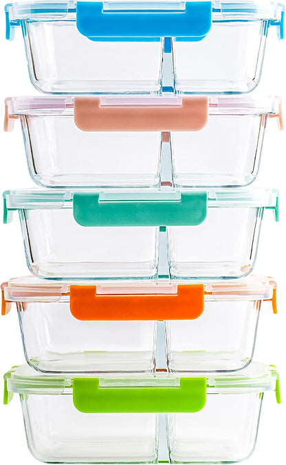 5-Pack,3 Compartment Glass Meal Prep Containers Set,34oz, Divided Food Storage Containers with Lids, Glass Lunch Box with 3 Dividers