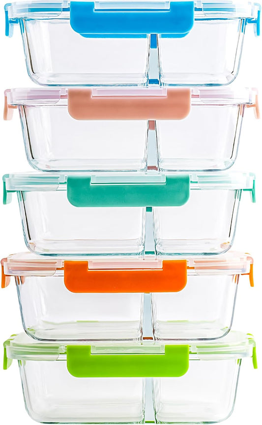 5-Pack,3 Compartment Glass Meal Prep Containers Set,34oz, Divided Food Storage Containers with Lids, Glass Lunch Box with 3 Dividers
