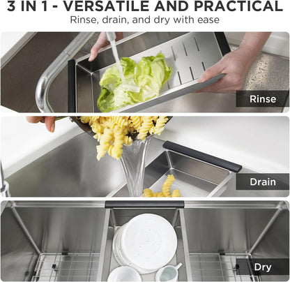 SANYCASA Stainless Steel Colander for Workstation Kitchen Sink, 304 Heavy Duty Strainer Basket, Large Capacity Kitchen Sink Drainer for Pasta, Fruits & Vegetables, 17" x 8" x 3"