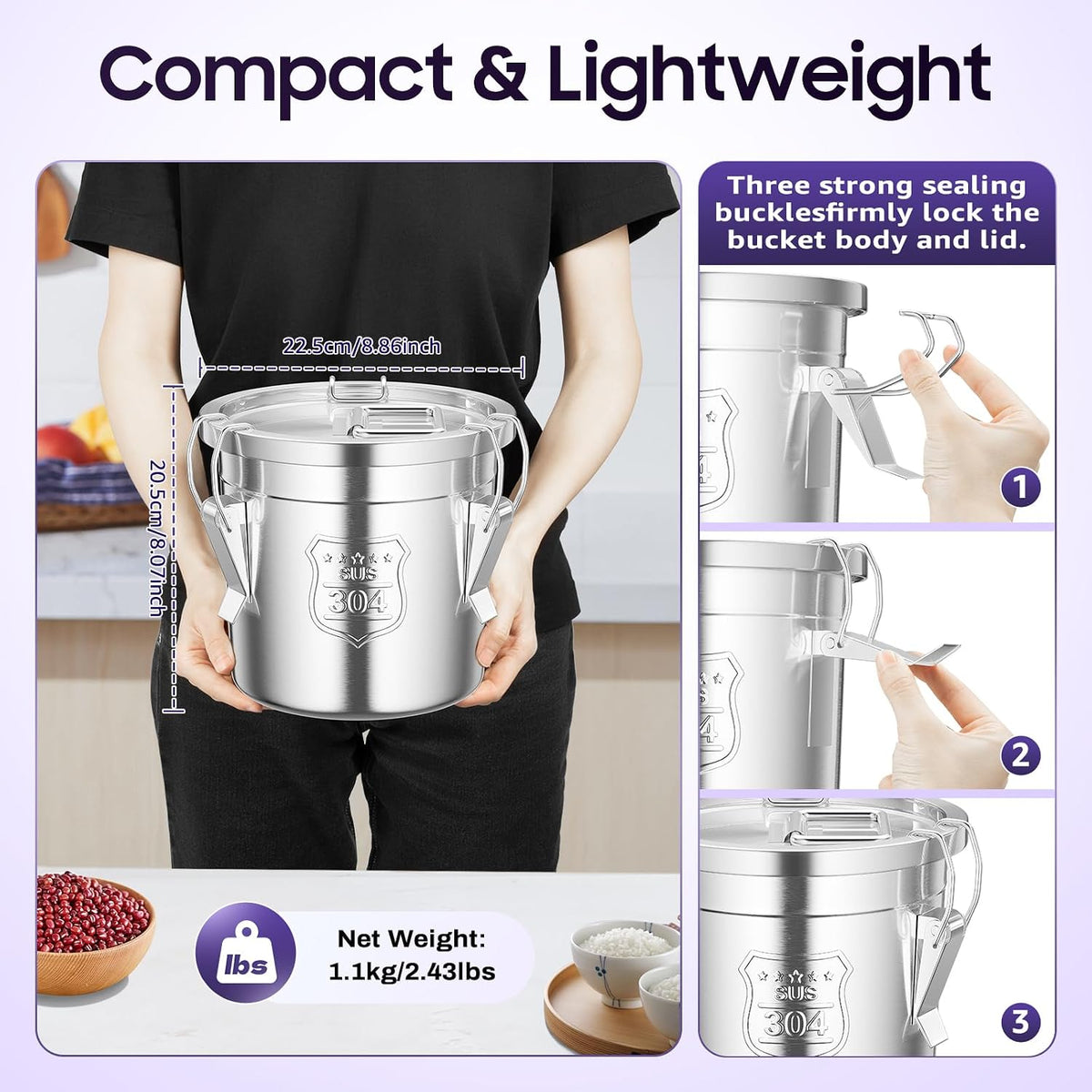 DYNAMI 12.7Gal 304 Stainless Steel Rice Storage Container,Extra Large Food Grade Canister,40-90Lbs Sealed Rice Bucket with Airtight Lid and Locking Buckle,for Rice, Flour, Grain (48L)