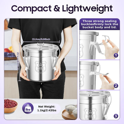 DYNAMI 12.7Gal 304 Stainless Steel Rice Storage Container,Extra Large Food Grade Canister,40-90Lbs Sealed Rice Bucket with Airtight Lid and Locking Buckle,for Rice, Flour, Grain (48L)