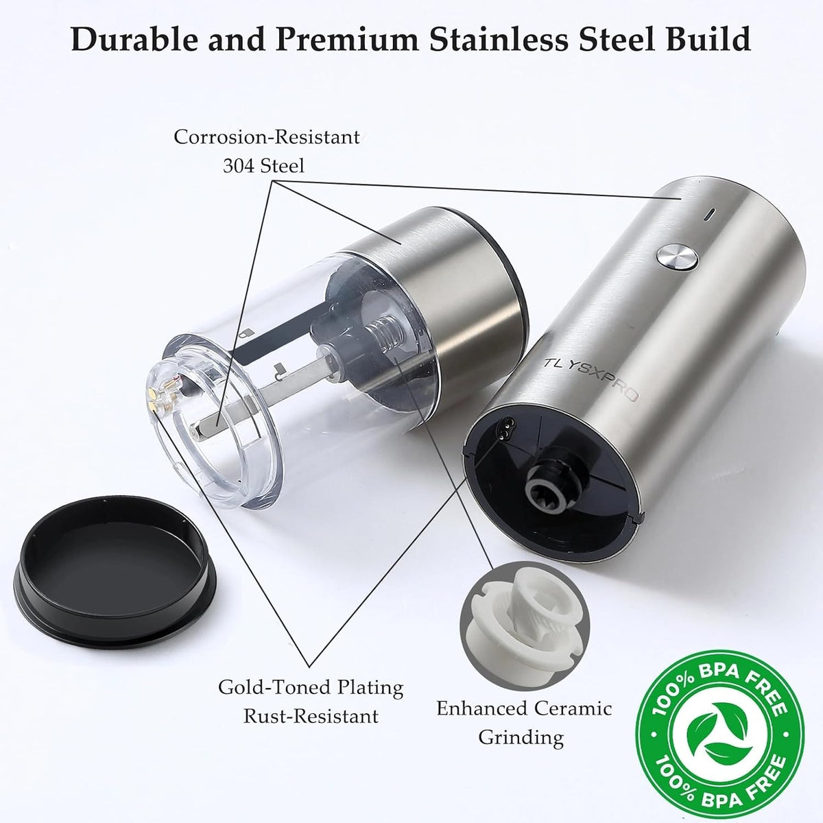 Electric Salt and Pepper Grinder Set, USB Rechargeable, Automatic Salt and Pepper Mill Grinder with Adjustable Coarseness, Electric Salt Shakers, LED Light, Refillable (2 Packs, Greige)