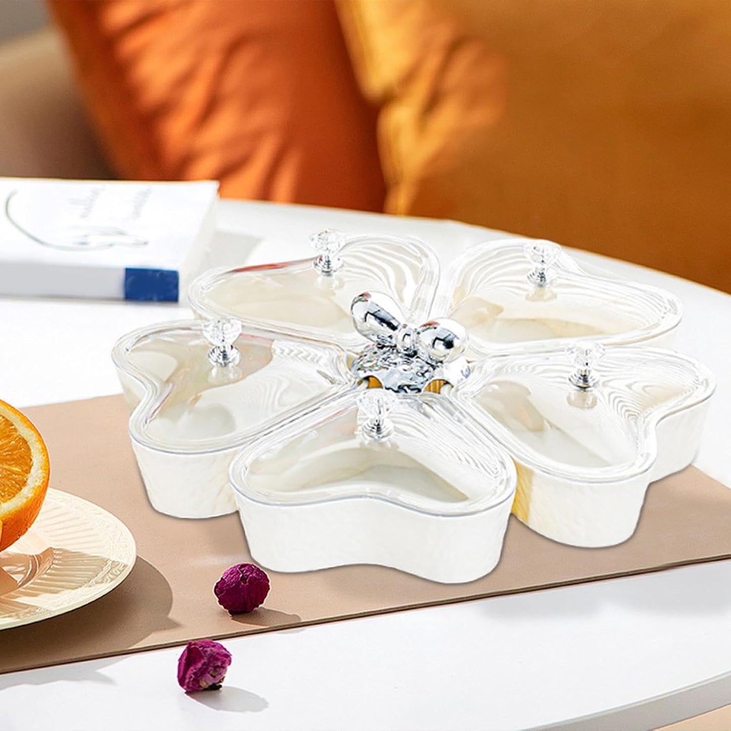 Dried Fruits Tray Candy Snack Plates Platter Appetizer Tray Divided Serving Tray for Cupcake Dried Fruits Family Holiday Home, Clear Grey Bowknot