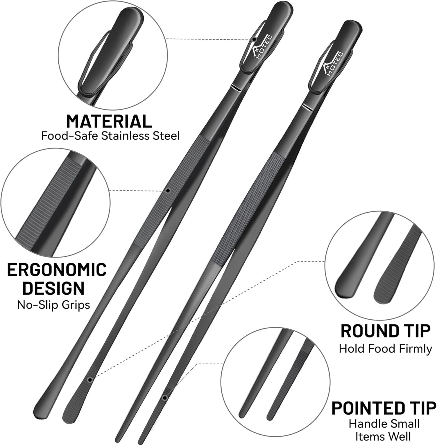 HOTEC Kitchen Tweezers Tongs Stainless Steel Professional Chef Tweezers, Set of 3-6.3", 10" and 12inch Food Tongs for Cooking, Repairing, Dessert, BBQ, Meat, Pasta