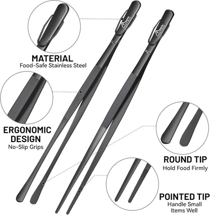 HOTEC Kitchen Tweezers Tongs Stainless Steel Professional Chef Tweezers, Set of 3-6.3", 10" and 12inch Food Tongs for Cooking, Repairing, Dessert, BBQ, Meat, Pasta
