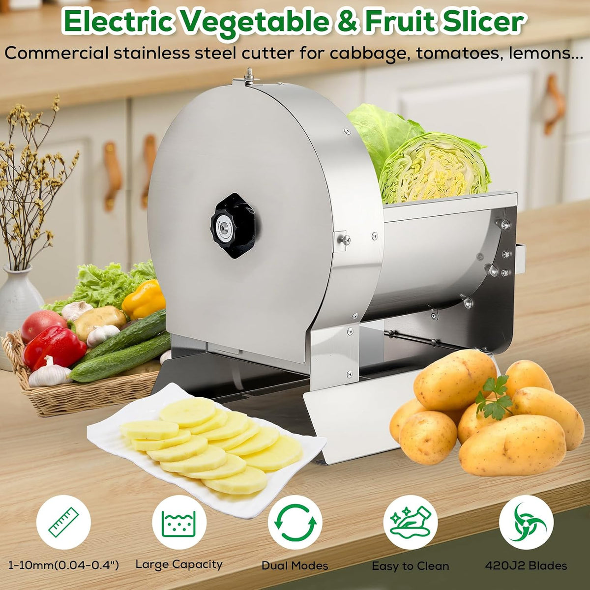 2-in-1 110V Electric Vegetable and Fruit Slicer, Adjustable Thickness 0.04-0.4", Commercial Stainless Steel Cutter for Cabbage, Tomatoes, Lemons