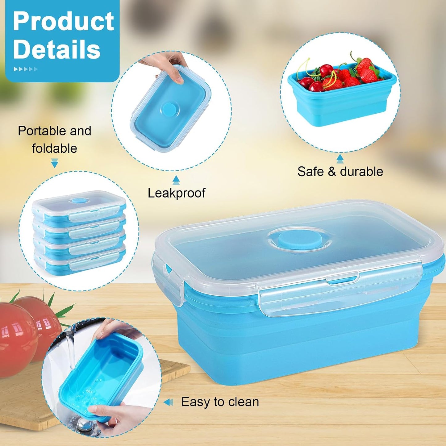 Mifoci Set of 8 Silicone Collapsible Bowls for Camping with Vent Lid Silicone Storage Containers for Food Meal Preparation Square Bowl Microwave Freezer Dishwasher Safe(Blue,17 Oz/ 500 ml)