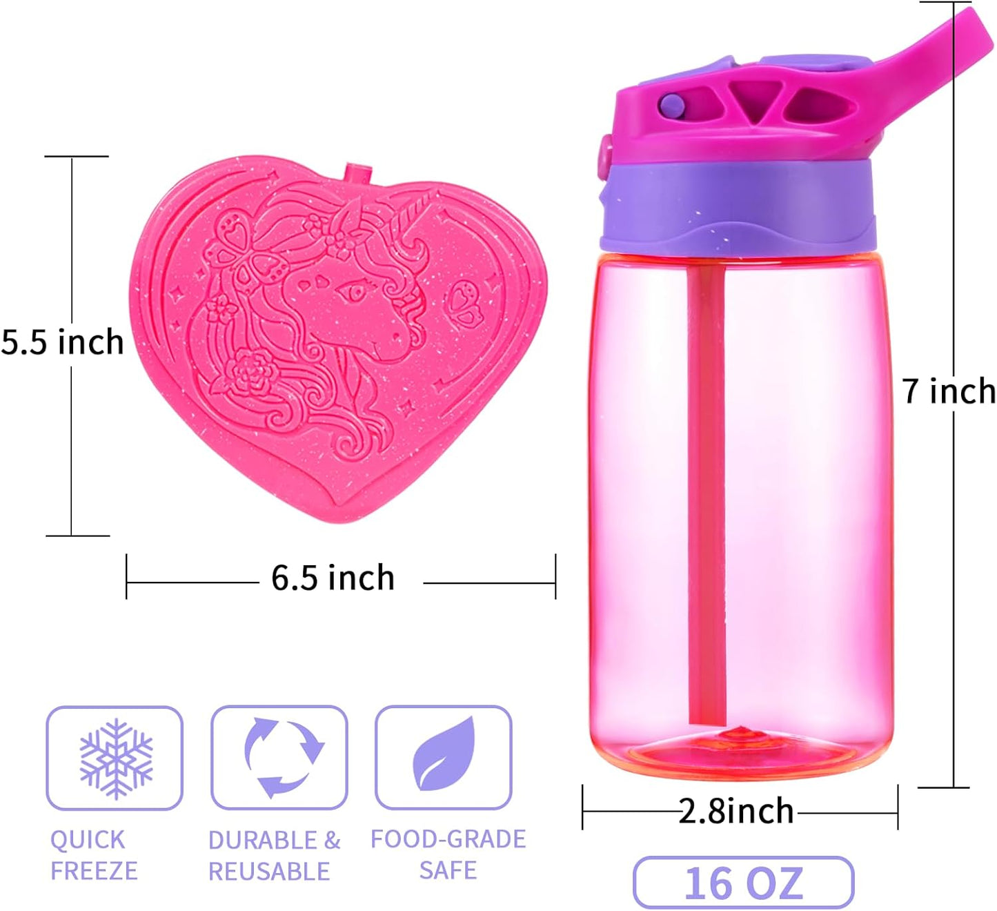 Kids Lunch Box Bag Set: Girls Unicorn Lunch Bags Bento Boxes with 3-Compartment Included Ice Pack Water Bottle Insulated Lunchbag Reusable School Lunchbox Containers Kit for Toddler Daycare Childrens