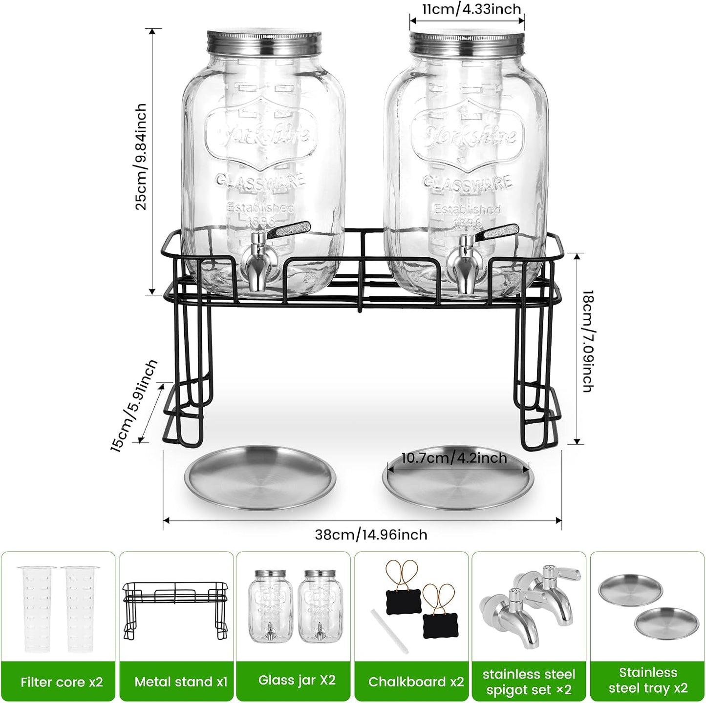 Drink Dispenser, 2 Pack 1 Gallon Glass Drink Dispensers For Parties,Beverage Dispenser, Glass Drink Dispenser With Stand And Spigot (Stainless Steel Spigot)