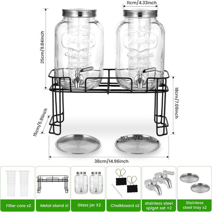 Drink Dispenser, 2 Pack 1 Gallon Glass Drink Dispensers For Parties,Beverage Dispenser, Glass Drink Dispenser With Stand And Spigot (Stainless Steel Spigot)