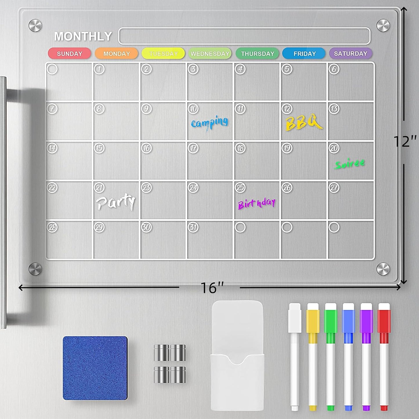 Acrylic Magnetic Calendar for Fridge, Monthly Planning Board, Fridge Skylight Calendar for Wall, Clear Dry Erase Planner Boards Set, 16"x12" Noteboard to Do/Anniversary/Shopping List