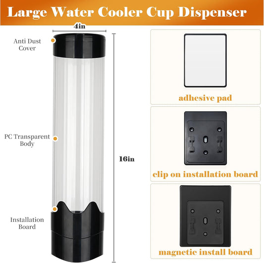 Upgraded Cup Dispenser, Wall Mount Pull Type Water Cooler Cup Holder for 9oz - 12oz Disposable Paper Plastic Cups for Home Office, with Magnetic Mounting Plate (Black)