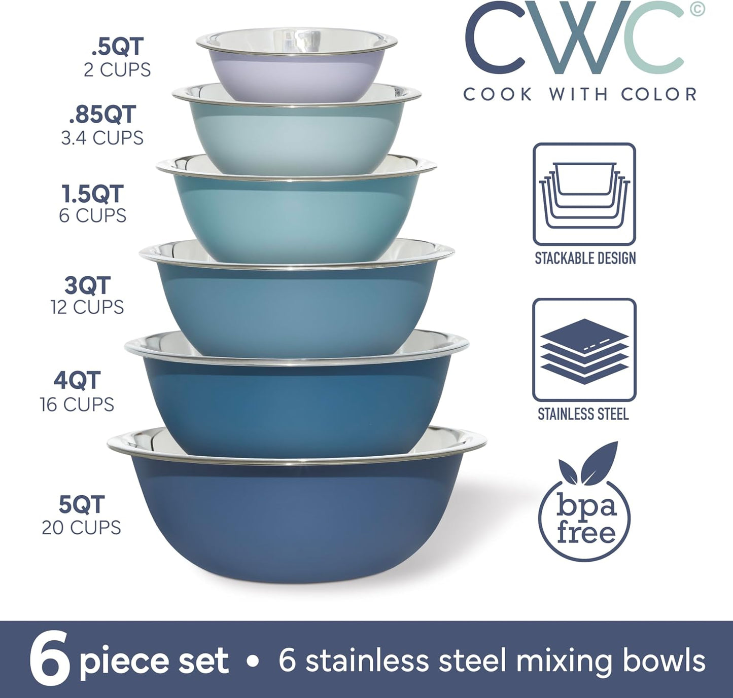 COOK WITH COLOR Stainless Steel Mixing Bowls Set - Nesting Bowls, 6 Pieces, Rose