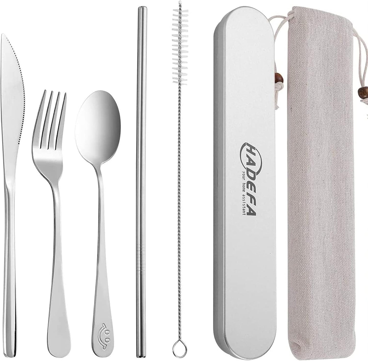 7 in 1 Portable Utensils with Stainless Steel Case for Travel/Camping/Office/School, Reusable Eco-friendly Utensils Silverware Set with Knife/Fork/Spoon/Cleaning Brush/Straws