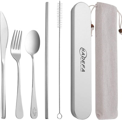 7 in 1 Portable Utensils with Stainless Steel Case for Travel/Camping/Office/School, Reusable Eco-friendly Utensils Silverware Set with Knife/Fork/Spoon/Cleaning Brush/Straws