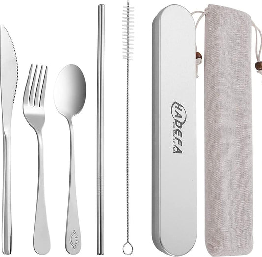7 in 1 Portable Utensils with Stainless Steel Case for Travel/Camping/Office/School, Reusable Eco-friendly Utensils Silverware Set with Knife/Fork/Spoon/Cleaning Brush/Straws