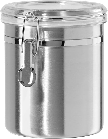 Oggi Stainless Steel Kitchen Canister 62 fl oz - Airtight Clamp Lid, Clear See-Thru Top - Ideal for Kitchen Storage, Food Storage, Pantry Storage. Large Size 5" x 7.5".