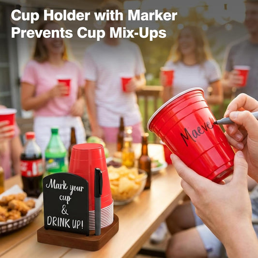 Decorative Solo Cup Holder with Marker Slot, Disposable Cup Dispenser Prevents Drink Mix-Ups – A Hosting Essential for Birthdays, BBQs, Gatherings & Housewarming, Brown