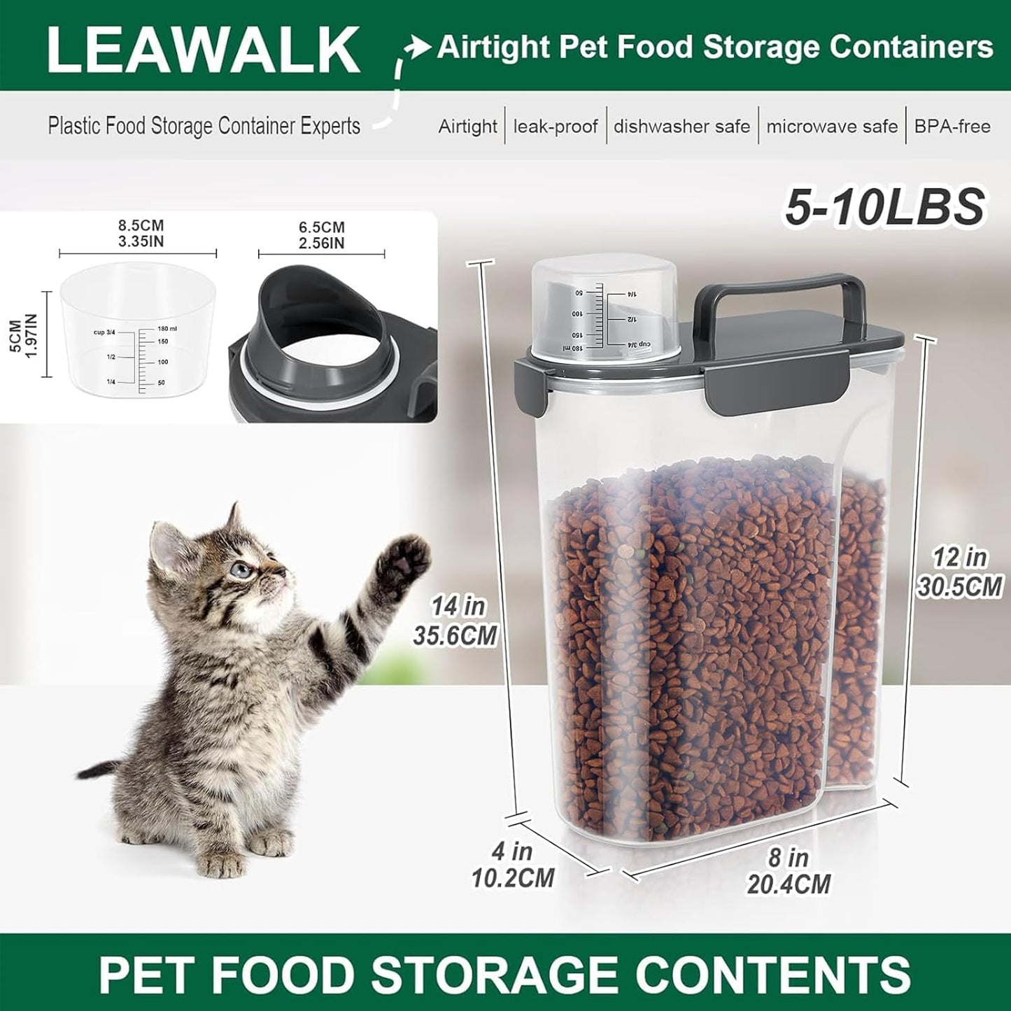 LEAWALK 5-7Lbs Dog Cat Food Storage Container with Upgraded Large Nozzle BPA-free, 4 Snap Seals Plastic Pet Food Storage Containers with Handles are Easy to Clean and Carry