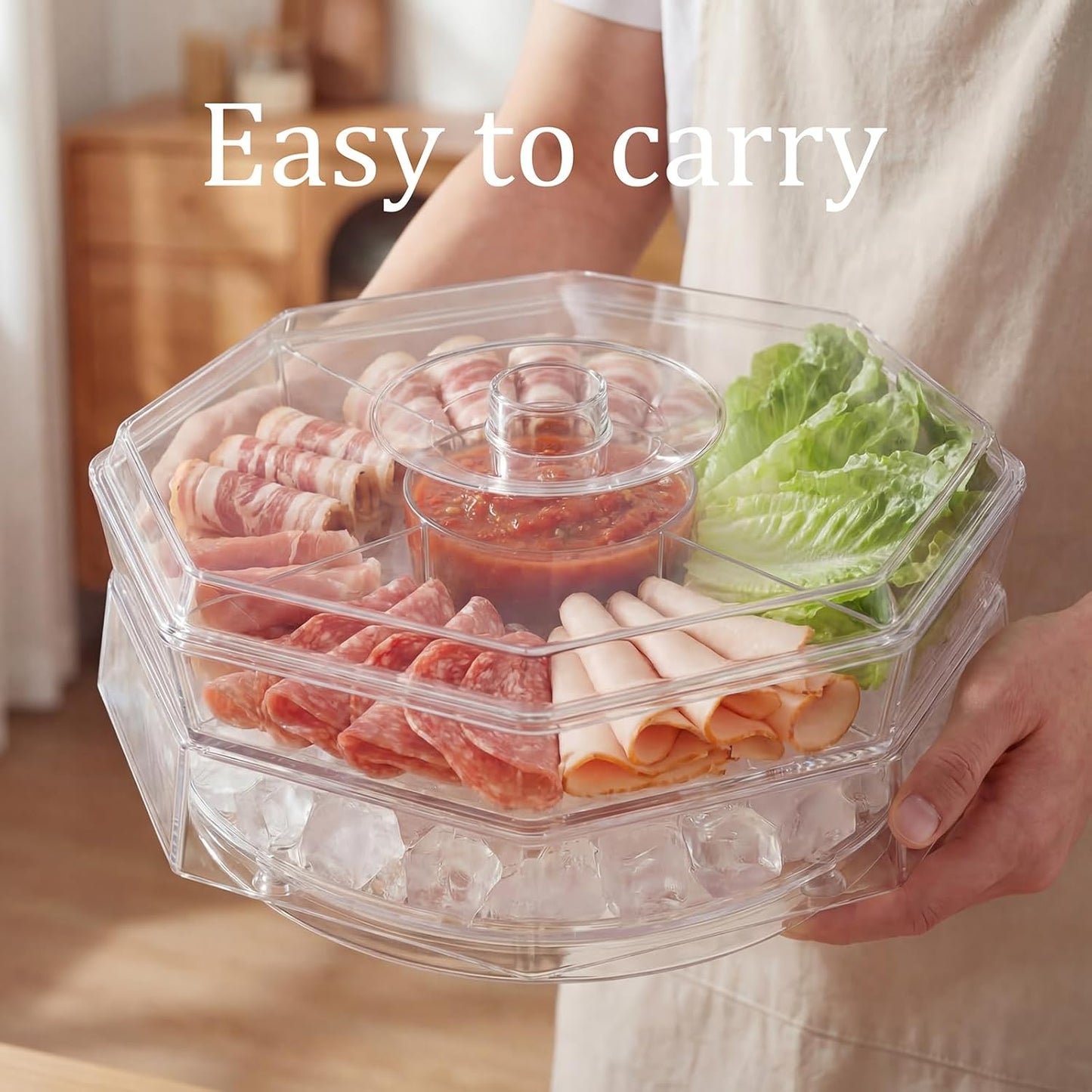 Rotating Chilled Serving Tray with Lid, 5-Compartment Fruit Tray with Ice Bottom for Salad, Shrimp, Appetizers and Parties